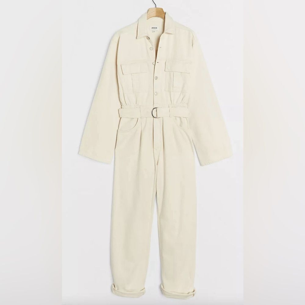 Agolde Tatum Ivory Denim Utility Jumpsuit Long Sleeve Buttons Sz Small (Not Belt